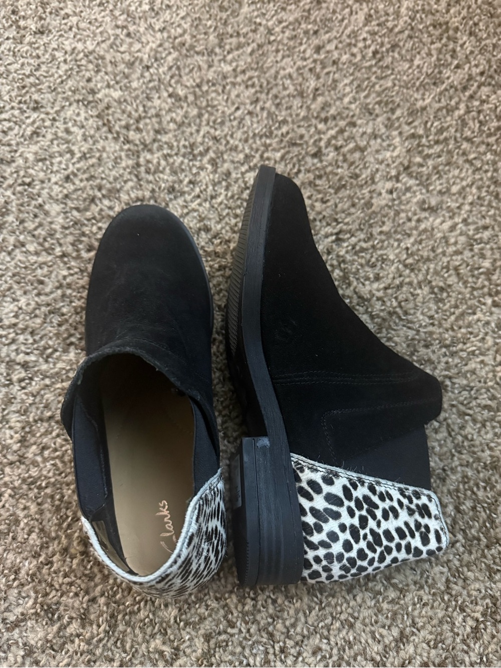Clarks Black Suede Ankle Boots with Leopard-Print Heel